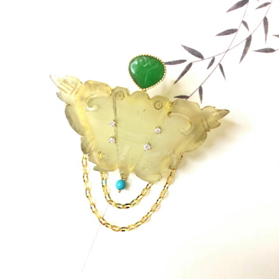   18K金清代岫玉吊坠胸针