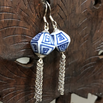   925银镶嵌古风青花陶瓷耳饰